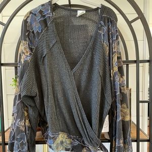 Women’s Tie Blouse with Velvet sleeve detail.